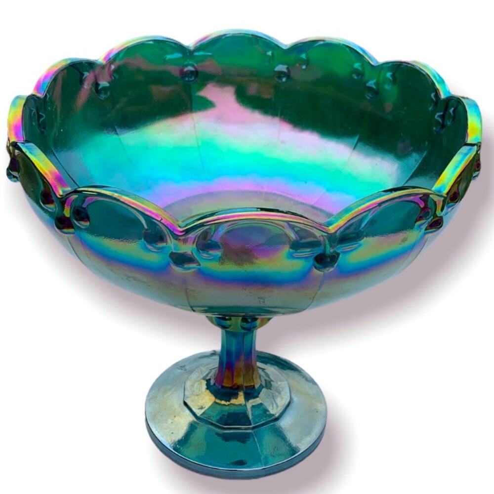Vintage Indiana Glass iridescent Peacock BlueGarland Pedestal Bowl